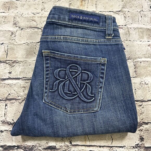 Rock & Republic Jeans Womens 10 Blue Berlin Mid-rise Straight Slim Stretch Denim - Picture 1 of 13